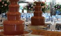 The chocolate fountain as a stunning backdrop where the wedding guests enjoyed the flowing chocolate.