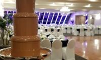 A large chocolate fountain makes a statement in this stunning set up for a wedding.
